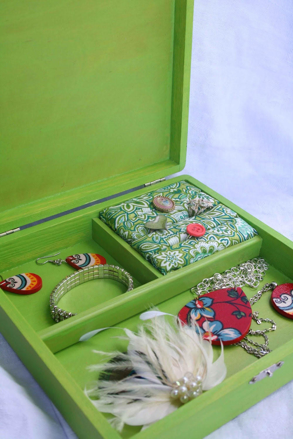 Handpainted Jewelry Box- Green and Blue Owl Pattern