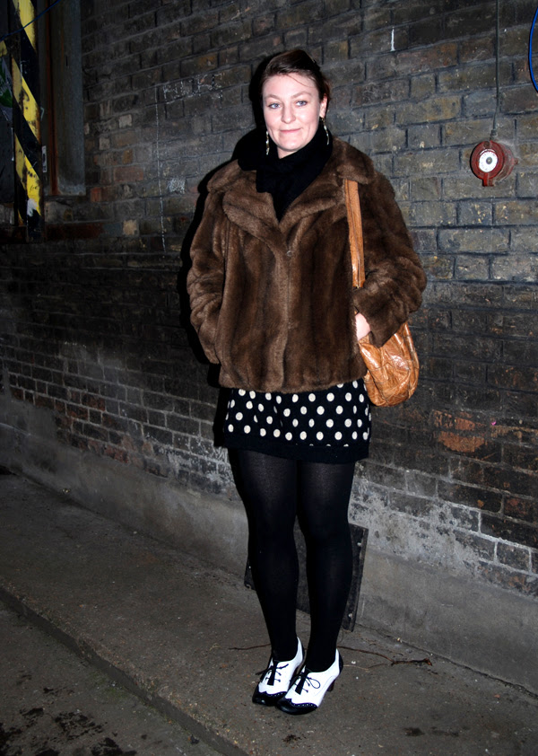 fur and black and white shoes