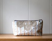 Vintage Fabric floral zipper pouch, makeup bag, lace bag - brown stripes - MomoTrees