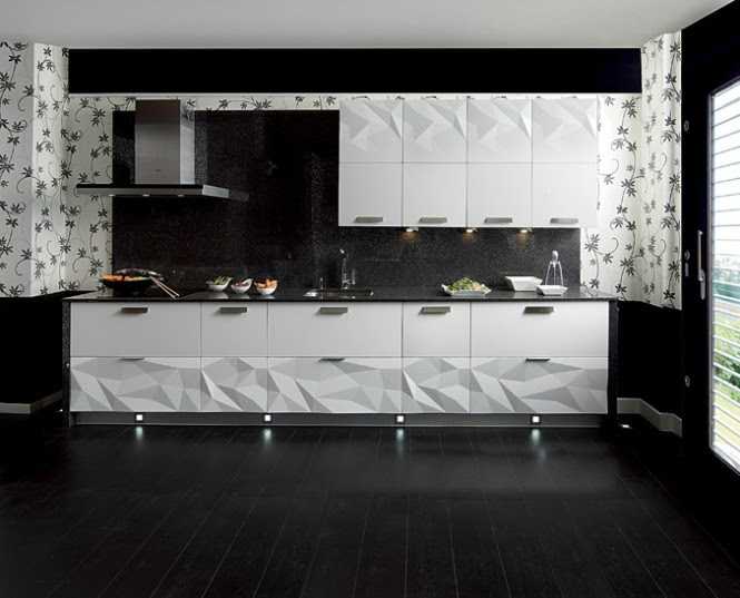 Gloss white kitchen black backsplash