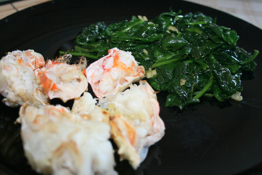 Garlic Roasted Crab with Sauteed Spinach