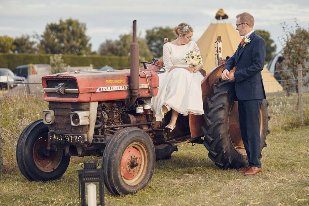 Bride and Groom on Tractor in Cambridge - www.helloromance.co.uk