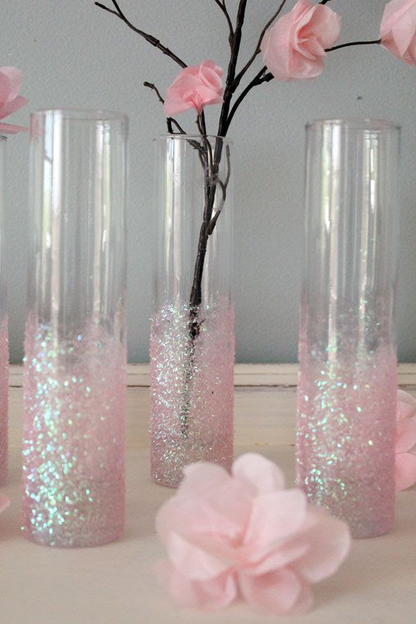 DIY Glittery Pink Vases - This would be perfect w/ aqua spray glitter & white flowers!