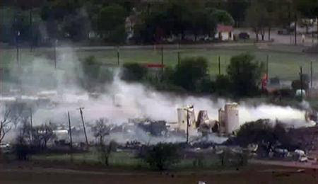 Smoke rises from the scene of an explosion at the West Fertilizer Co. plant in West, Texas in this April 18, 2103 still image from video courtesy of NBCDFW TV. REUTERS-NBCDFW-NBC-Handout