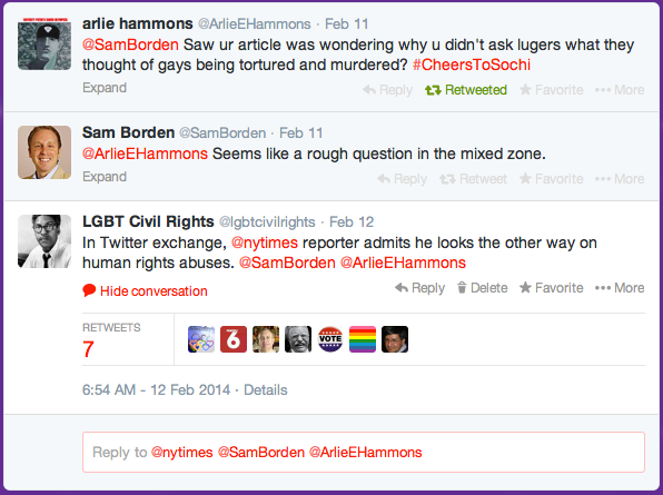 Sam Borden The New York Times Sochi Olympics Luge Article violent anti-LGBT crackdown in Russia Twitter - See more at: http://s203.photobucket.com/user/maslow25/media/ScreenShot2014-02-14at173101_zpse18d7bb5.png.html#sthash.9zUlhY4v.dpuf