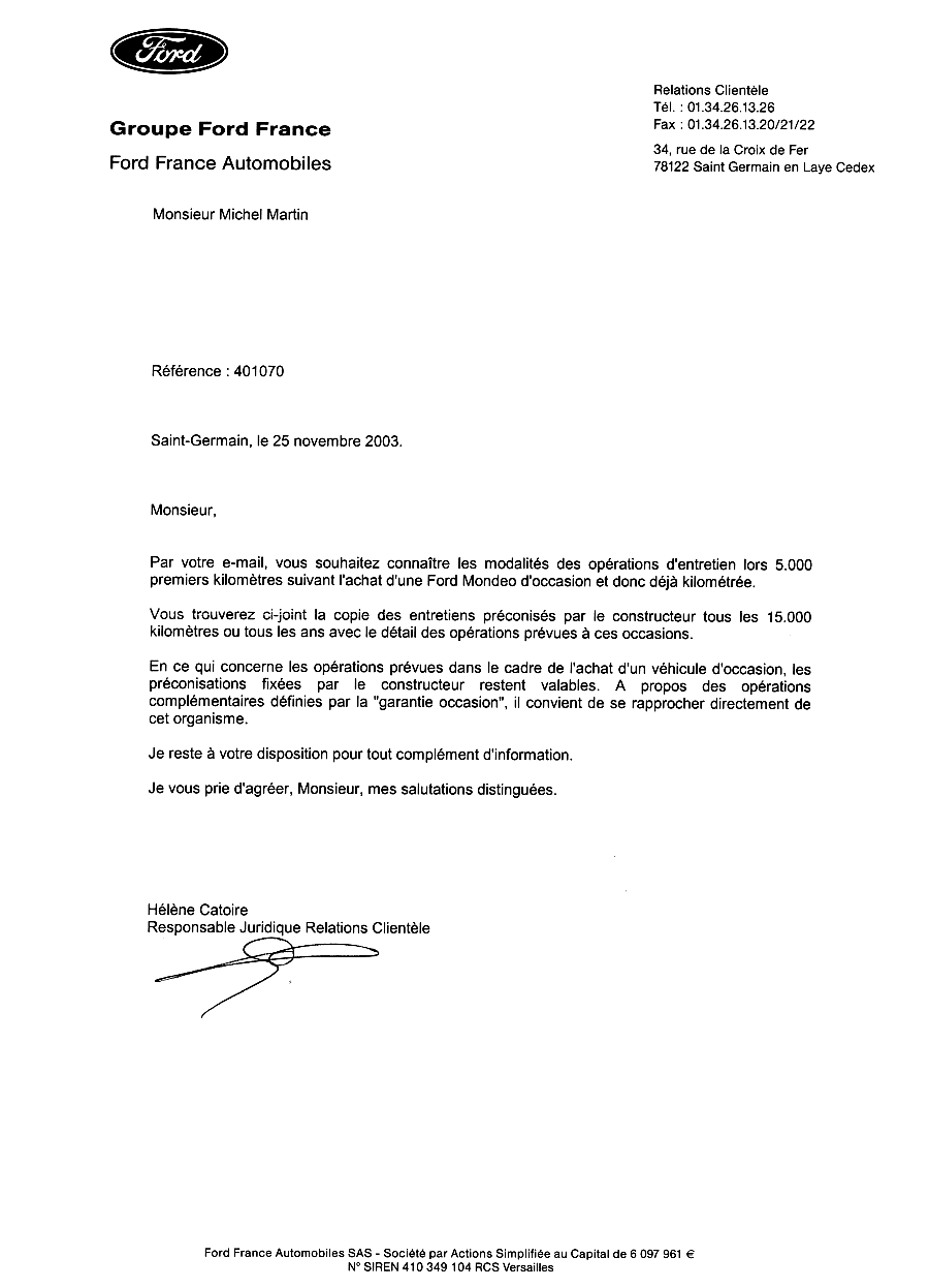 Lettre demande de réparation hors garantie