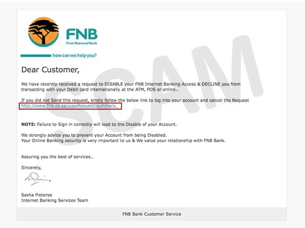 Warning - FNB account deactivation emails