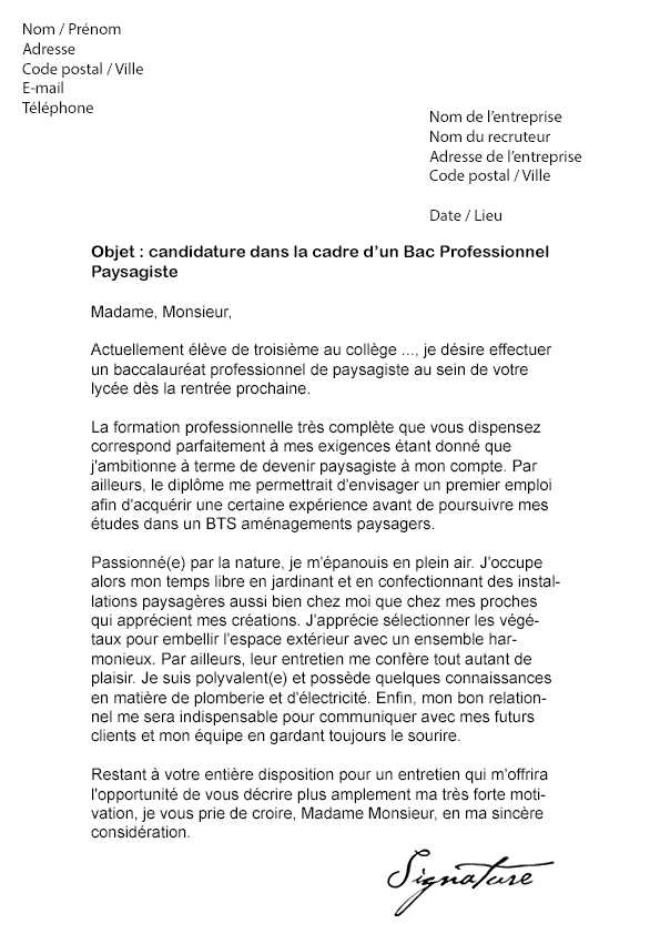 Lettre de motivation Bac Pro Paysagiste - Modèle de Lettre