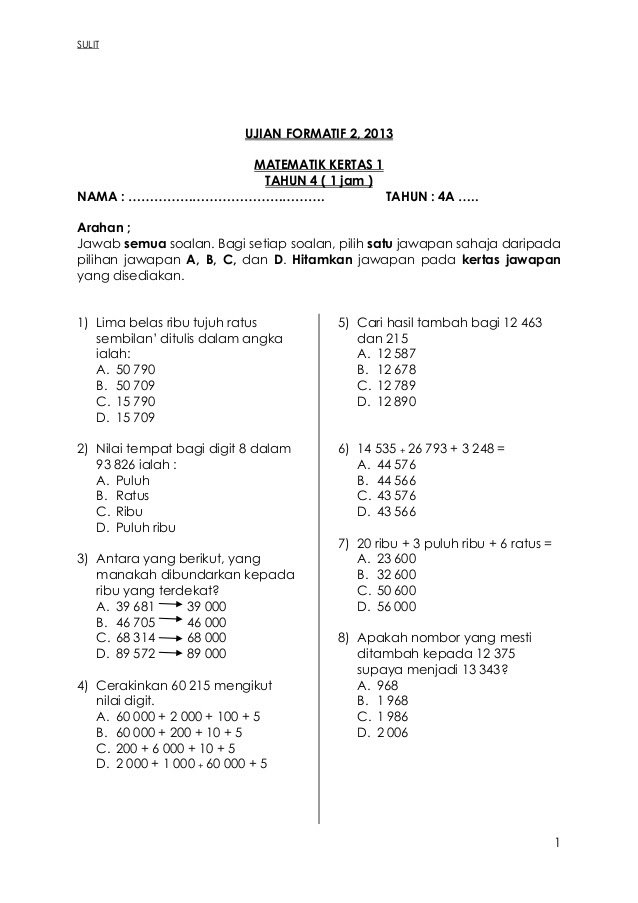 Soalan Latihan Matematik Tahun 4 Olpornyc
