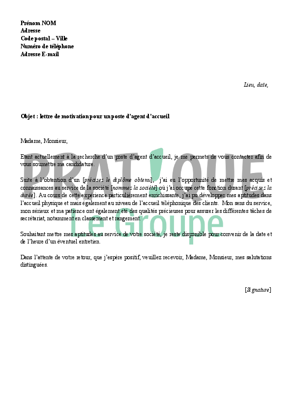 Lettre de motivation pour un emploi d'agent d'accueil ...