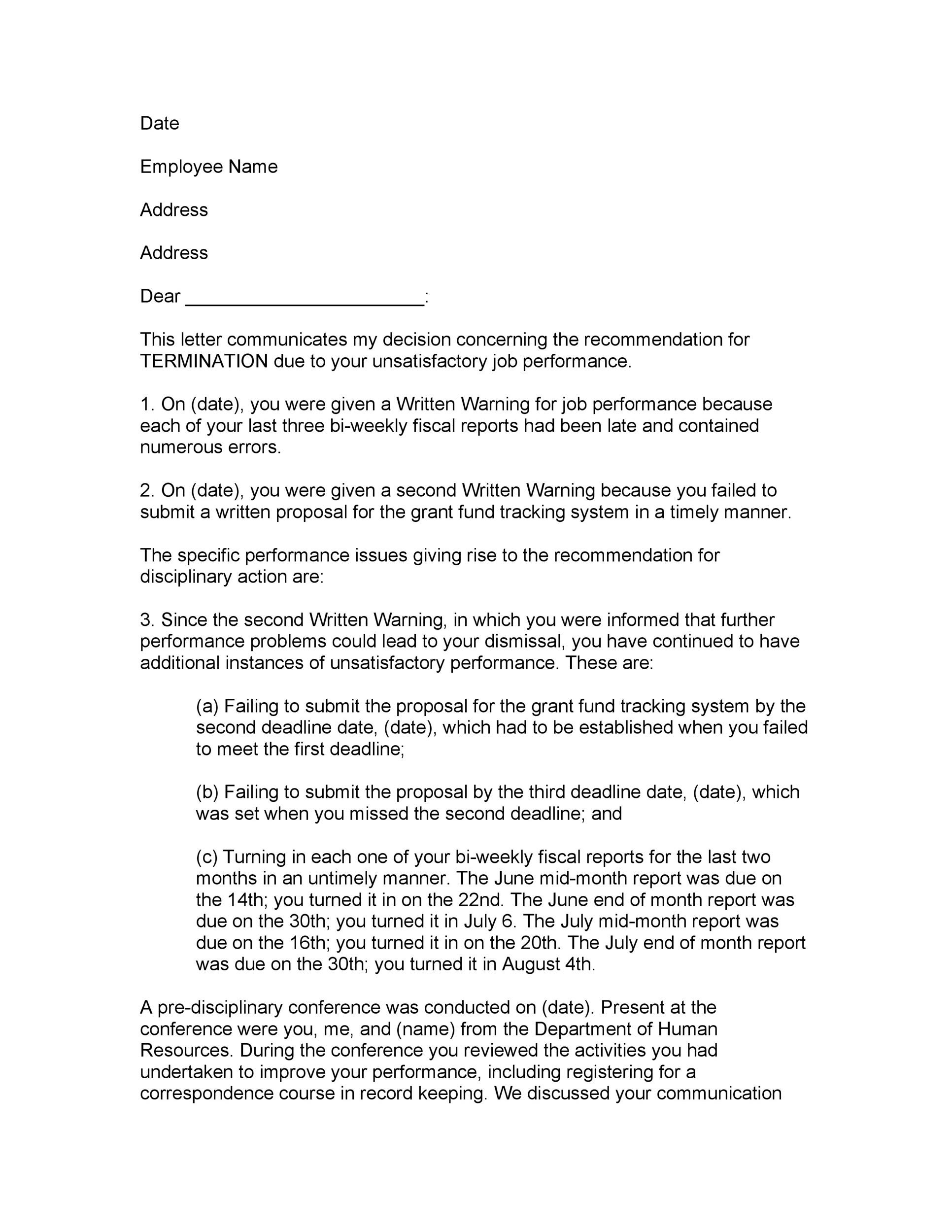 Sample Termination Letter For Poor Performance