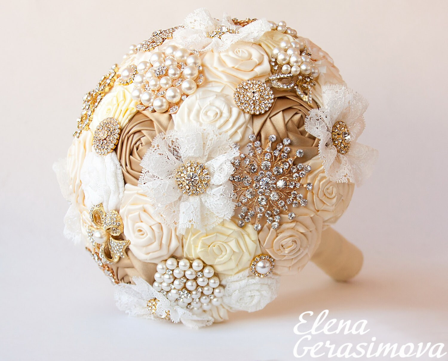 SALE!!! Brooch Bouquet. Gold Ivory Fabric Bouquet, Unique Wedding Bridal Bouquet