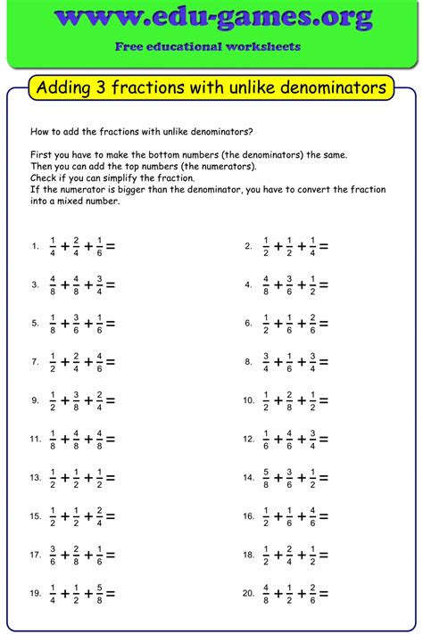 These worksheets require students to find a common denominator so that the numerators may be combined and then the answer reduced to final form. free adding 3 fractions with unlike denominators worksheets create