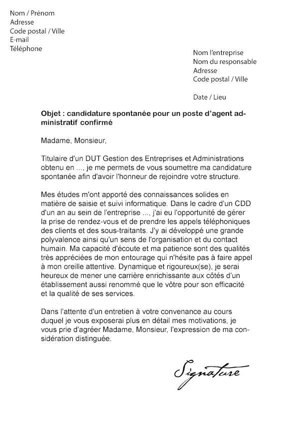 modele de lettre motivation agent administratif