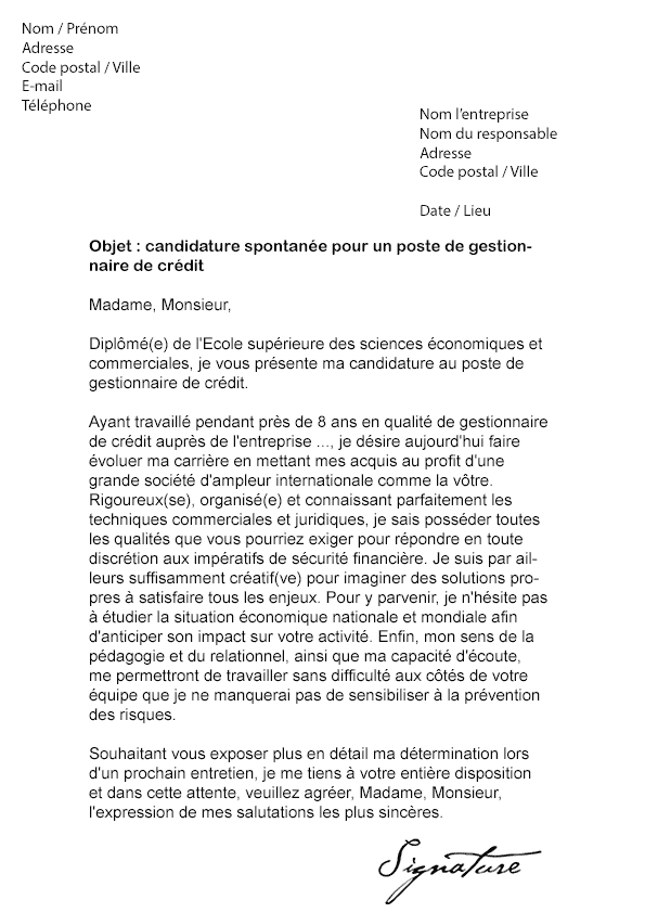 Lettre de motivation Gestionnaire de crédit - Modèle de Lettre