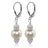 SCER155 10 MM White Swarovski Pearl And Swarovski Crystal Silver Leverback 1.5' Long Drop Earrings
