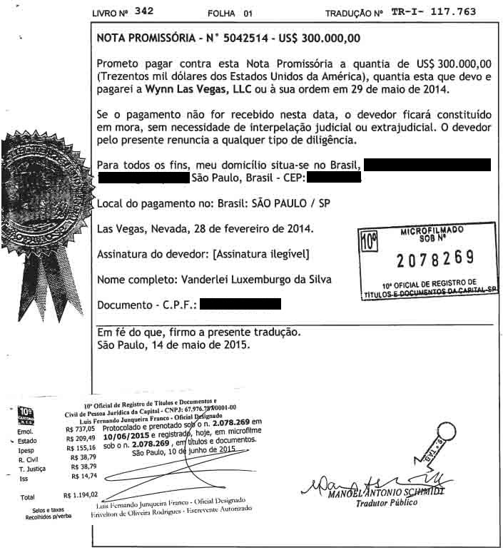 Documento traduzido para o português em cartório brasileiro comprova dívida