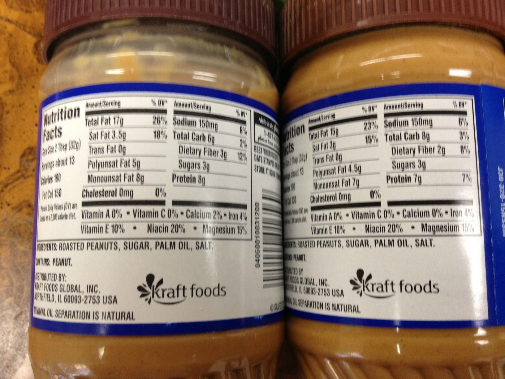 Planters 'Natural' peanut butter, more carbs and less fat, protein and ...
