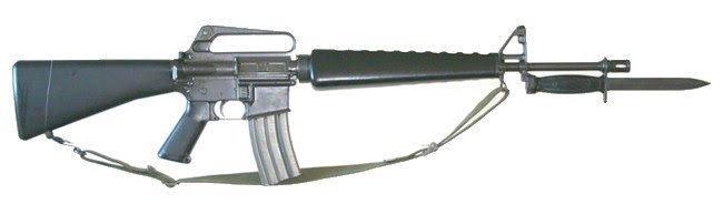 M16A1 rifle with 30-round magazine and bayonet, right side