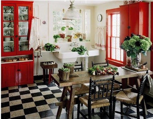 red, black, and white country kitchen | For the Home | Pinterest