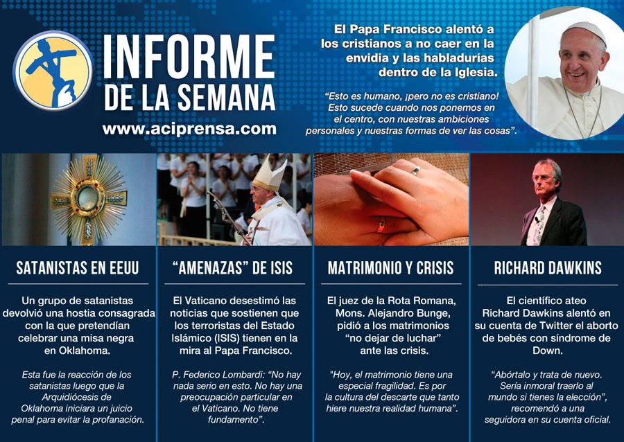 Lo más leído: Advertencia papal sobre envidias, satanistas desisten de misa negra y rumores sobre ISIS en el Vaticano