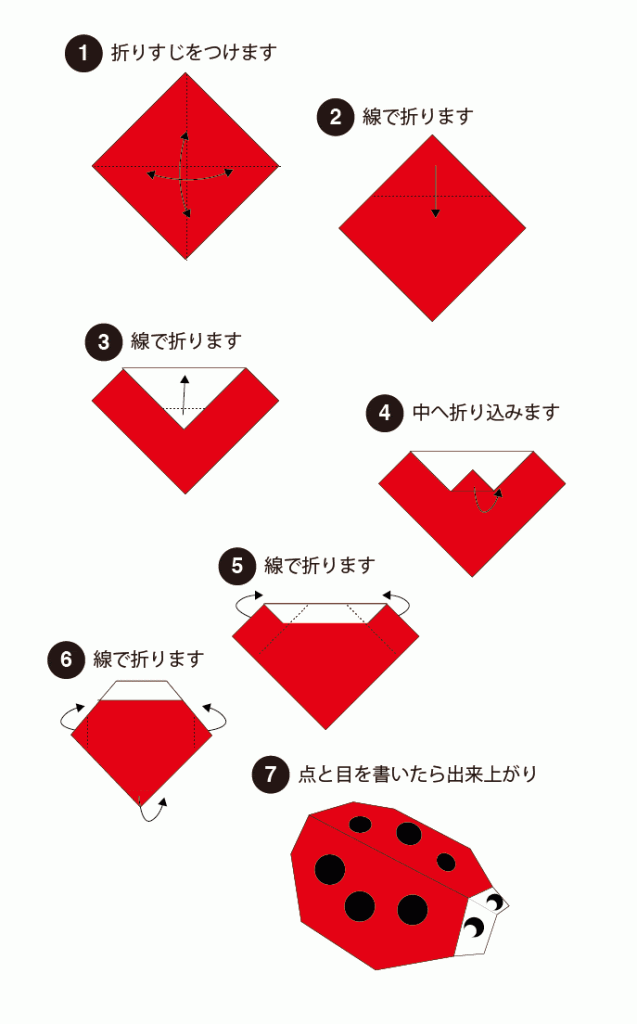 折り紙テントウムシの折り方 子供でもハサミで簡単にできる折り紙 切り絵aif