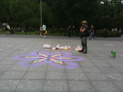 Chalk drawing and its artist, Washington Square Park