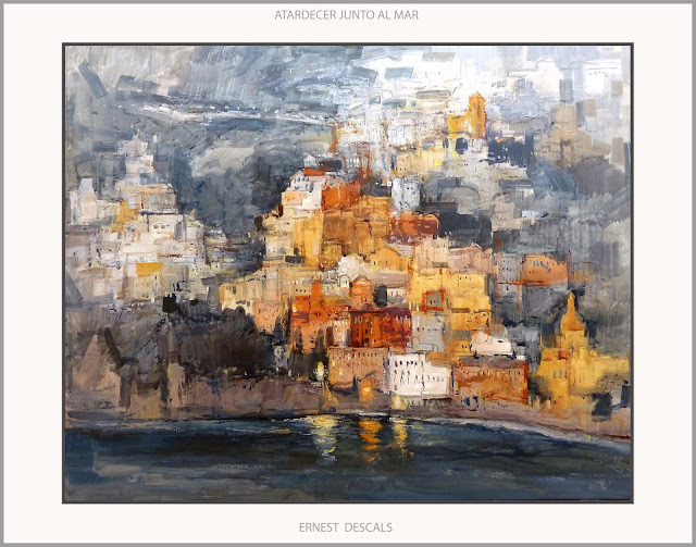 ATARDECER-PINTURA-MAR-PUEBLO-PAISAJES-MARINA-OLEOS-CUADROS-ARTISTA-PINTOR-ERNEST DESCALS-