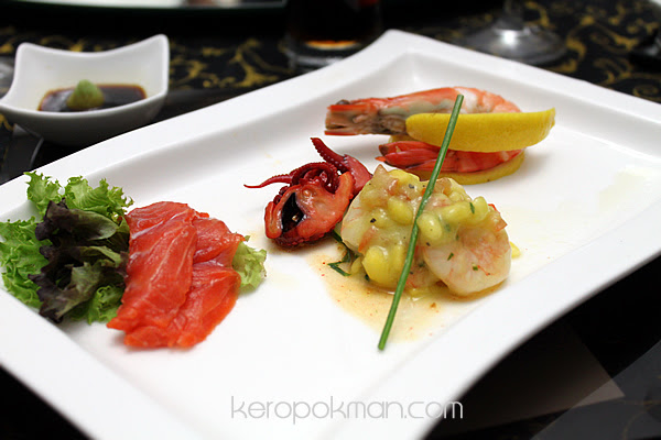 Baby Octopus, Prawn and Mango with Avocado Mousse, Salmon Sashimi, Poached Tiger Prawns