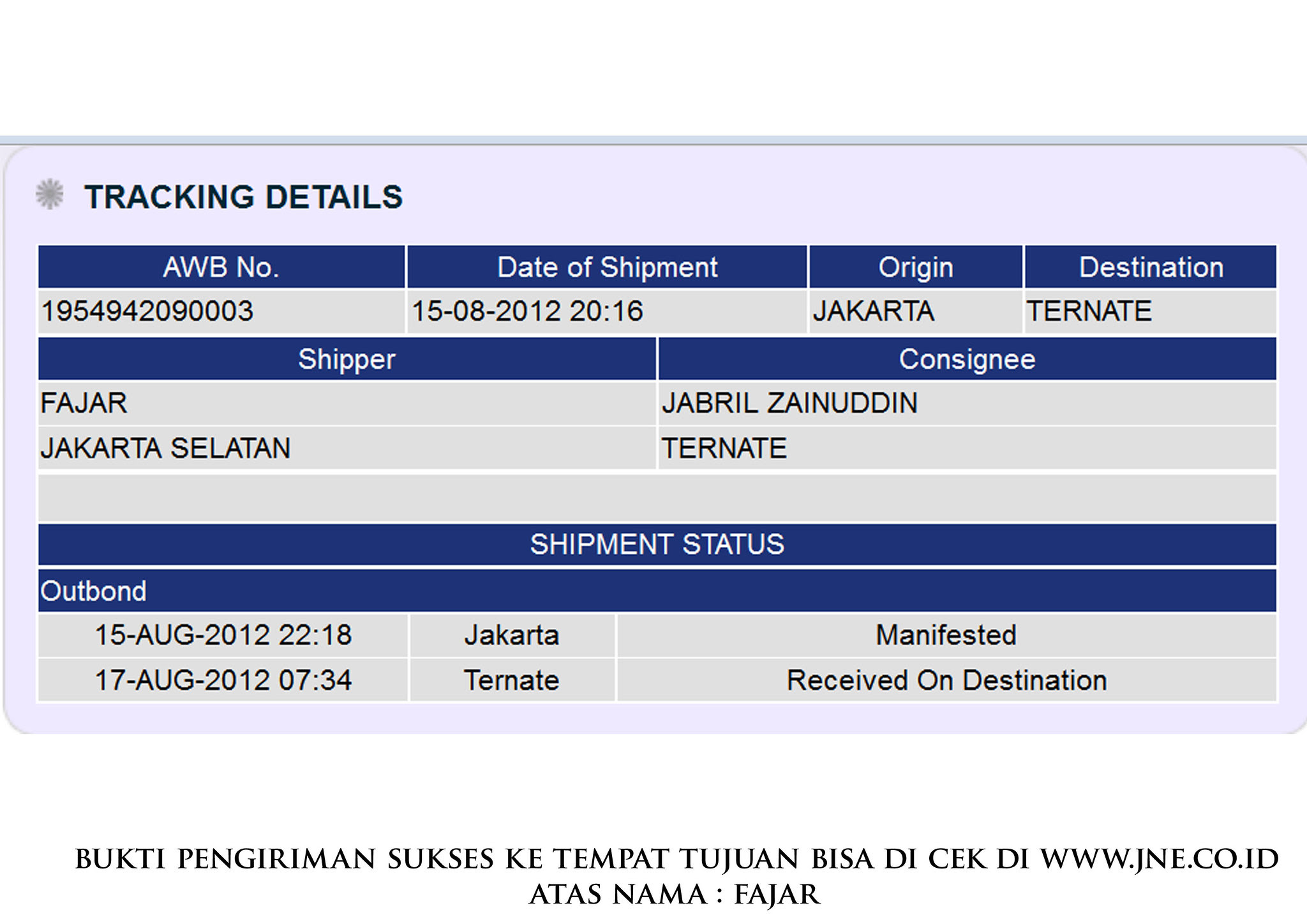 tracking jne