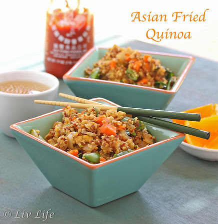 Asian Fried Quinoa in blue square bowl with chop sticks
