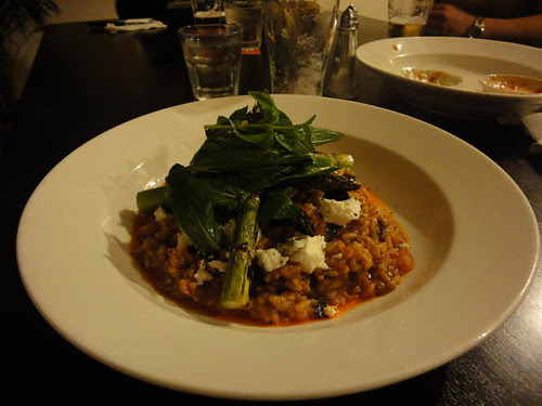 Goats cheese, lemon, mint on roast tomato rissotto
