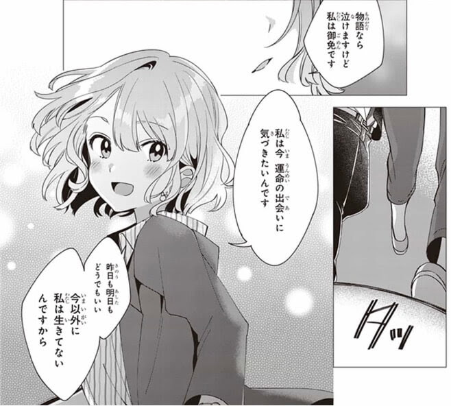 物語なら泣けますけど私は御免です 私は今 運命の出会いに気づきたいんです 機能も明日もどうでもいい いま以外に私は生きてないんですから ひげを剃る そして女子高生を拾う