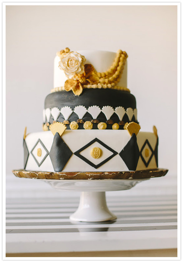 black, white and gold wedding cake