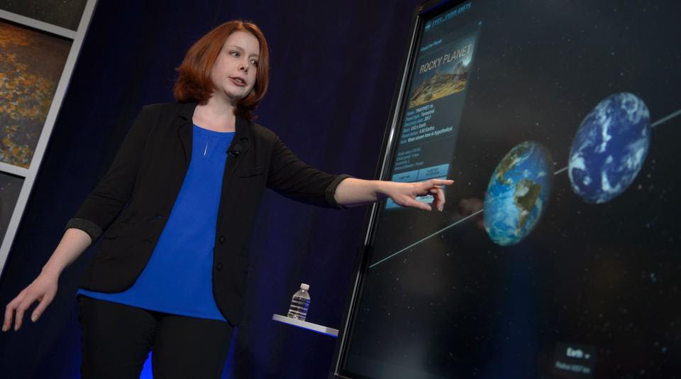 This NASA photo shows Astronomer at the Space Telescope Science Institute in Baltimore Nikole Lewis as she presents research findings during a TRAPPIST-1 planets briefing on February 22 at NASA Headquarters in Washington. DC.