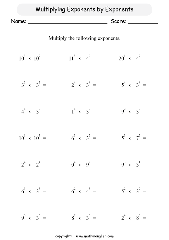 Multiply exponents by exponents math worksheet. Great remedial ...