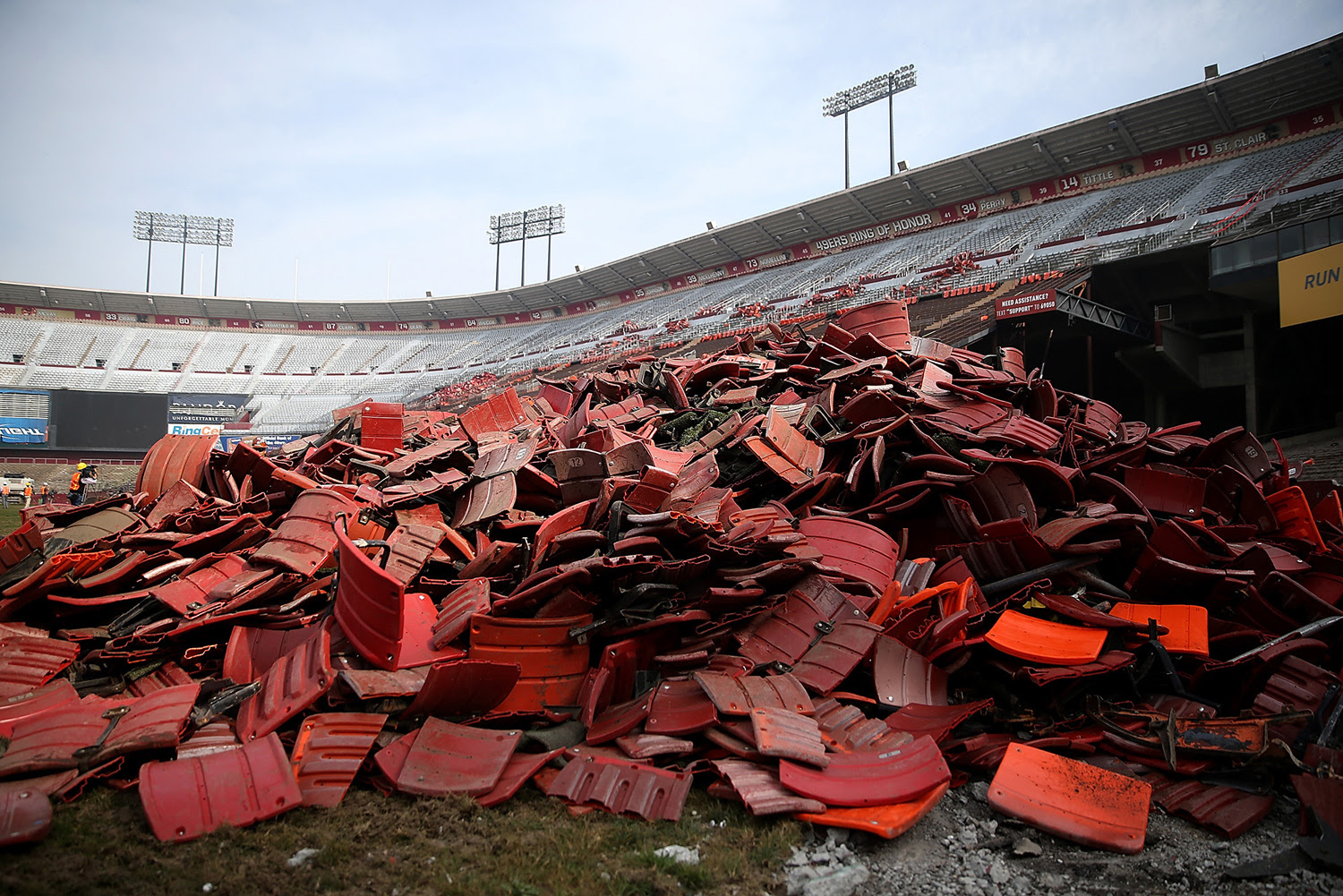 A pile of stadium seats sits on the field inside Candlestick Park on February 4, 2015.