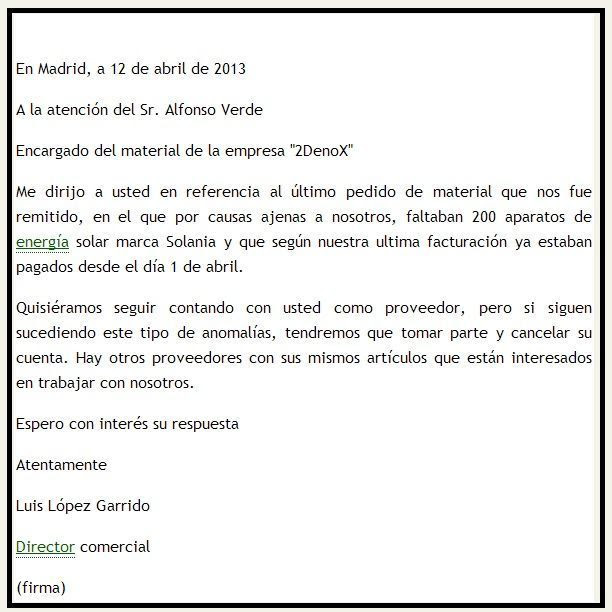 Modelo de carta para los proveedores