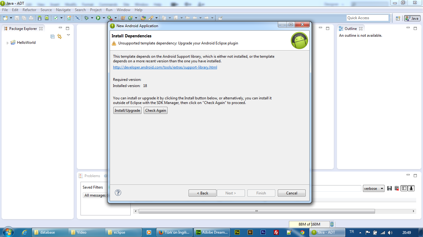 java - Install dependencies. Unsupported template dependency: Upgrade ...