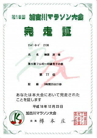 加古川マラソン完走証