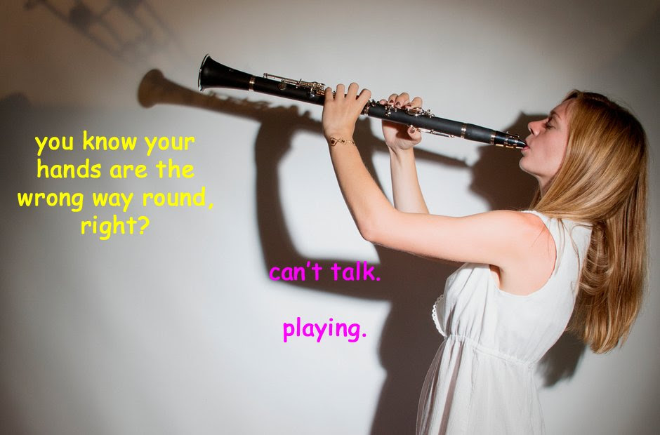 Models struggling with instruments stock photograp