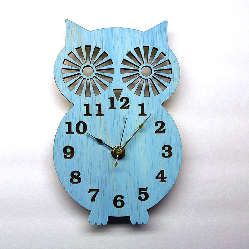 Wall Clock  Modern Wooden Owl Silhouette Home Decor  with Sky Blue  Finish - Klokx
