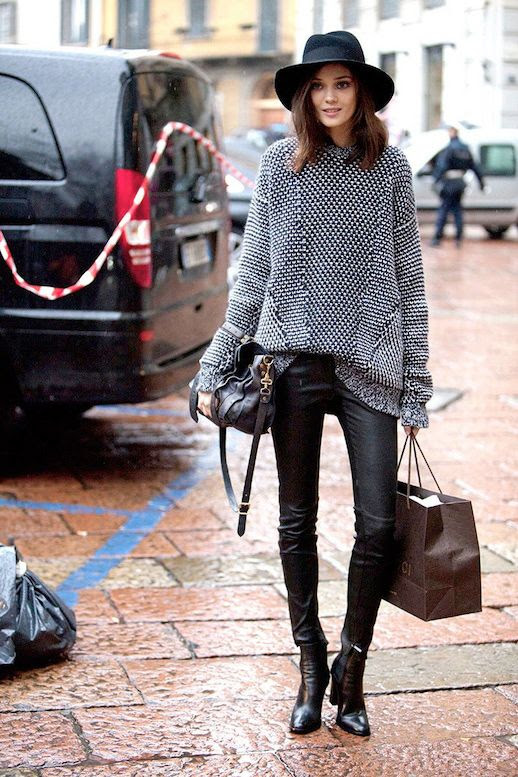Le Fashion Blog Model Off Duty Diana Moldovan Black Fedora Hat Black and White Textured Knit Bubble Sweater Leather Leggings Pants Proenza Schouler PS1 Satchel Bag Ankle Boots Blue Eyes Beauty Brunette Brown Medium Length Hair Milan Fashion Week Street Style Models Com 3 photo Le-Fashion-Blog-Model-Off-Duty-Diana-Moldovan-Fedora-Textured-Knit-Models-Com-3.jpg