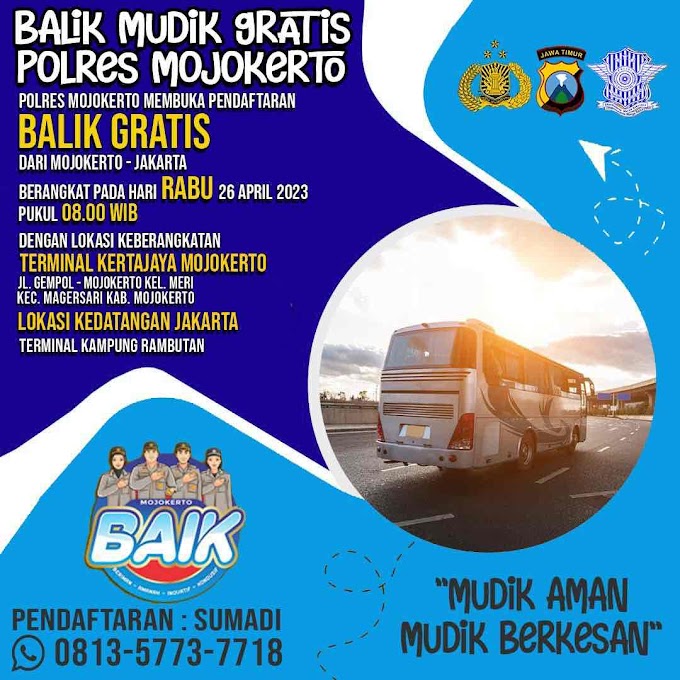 Polres Mojokerto Berikan Layanan Balik Mudik Gratis ke Jakarta 