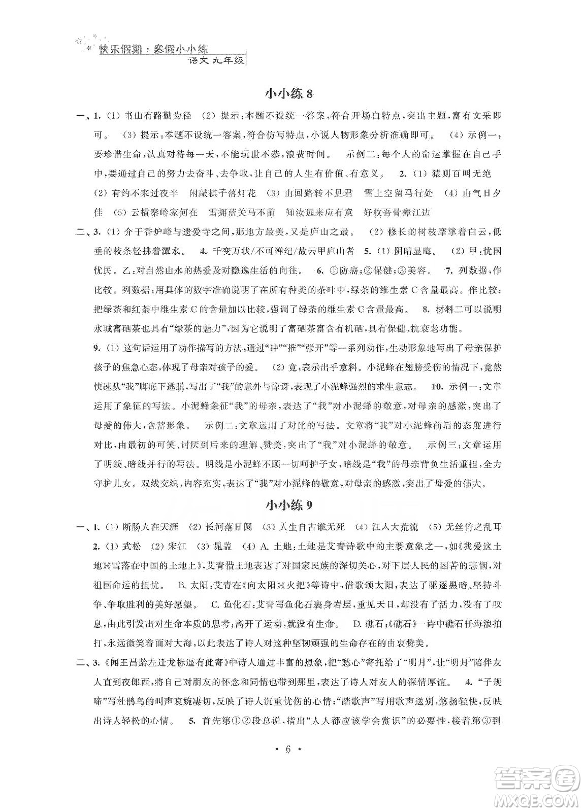 江苏凤凰科学技术出版社快乐假期寒假小小练九年级语文数学英语物理化学合订本答案 答案圈