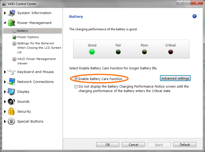 Enable battery care function on Sony Vaio