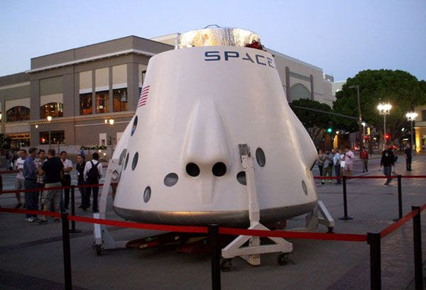 SpaceX's DragonRider replica on display outside of the Pasadena Convention Center in California, on August 5, 2012.