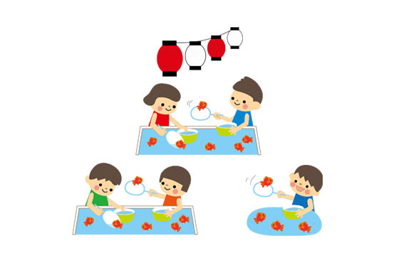 無料素材 夏祭りの金魚すくいをする子供達を描いたフリーイラスト素材セット