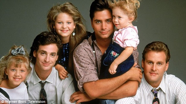 Moving on: Mary-Kate and Ashley had starred as youngest child Michelle Tanner (also pictured, L to R) Jodie Sweetin, Bob Saget, Candace Cameron Bure, John, and Dave Coulier