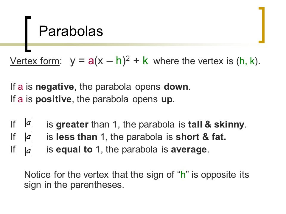 sketch to parabolas how is = k h) a is where If  (h, k). form: 2  the a(x â Vertex y vertex